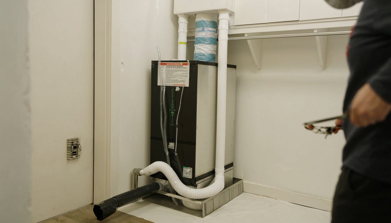 Newly installed 95 percent AFUE high-efficiency gas furnace inside an Ontario, California home utility closet with white - JC Energy Solutions