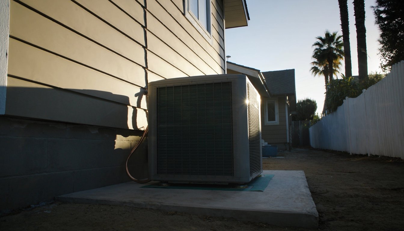 Newly installed outdoor AC condenser on a concrete pad next to a residential home in Ontario, California with fresh copper refrigerant line and palm trees in the background