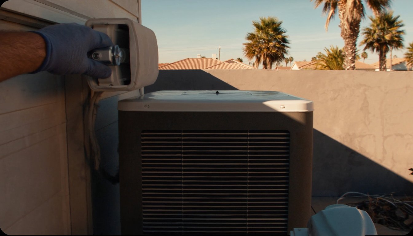 Outdoor AC condenser at a residential home in Ontario, California with palm trees and tile-roof tract neighborhood backdrop, gloved JC Energy Solutions technician hand on the service valve