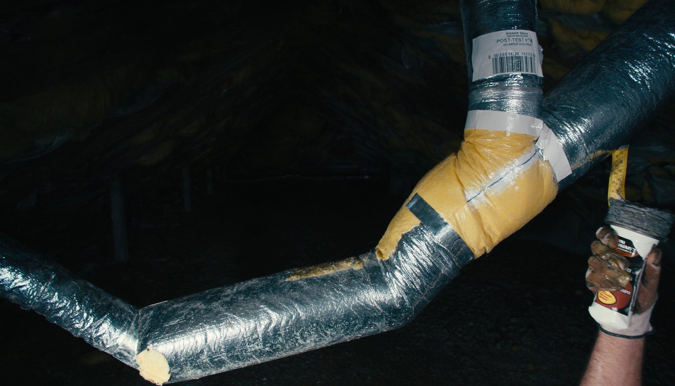 Insulated flexible HVAC ductwork in an Ontario, California residential attic with a gloved technician hand applying mastic at a connection and R-8 silver insulation visible