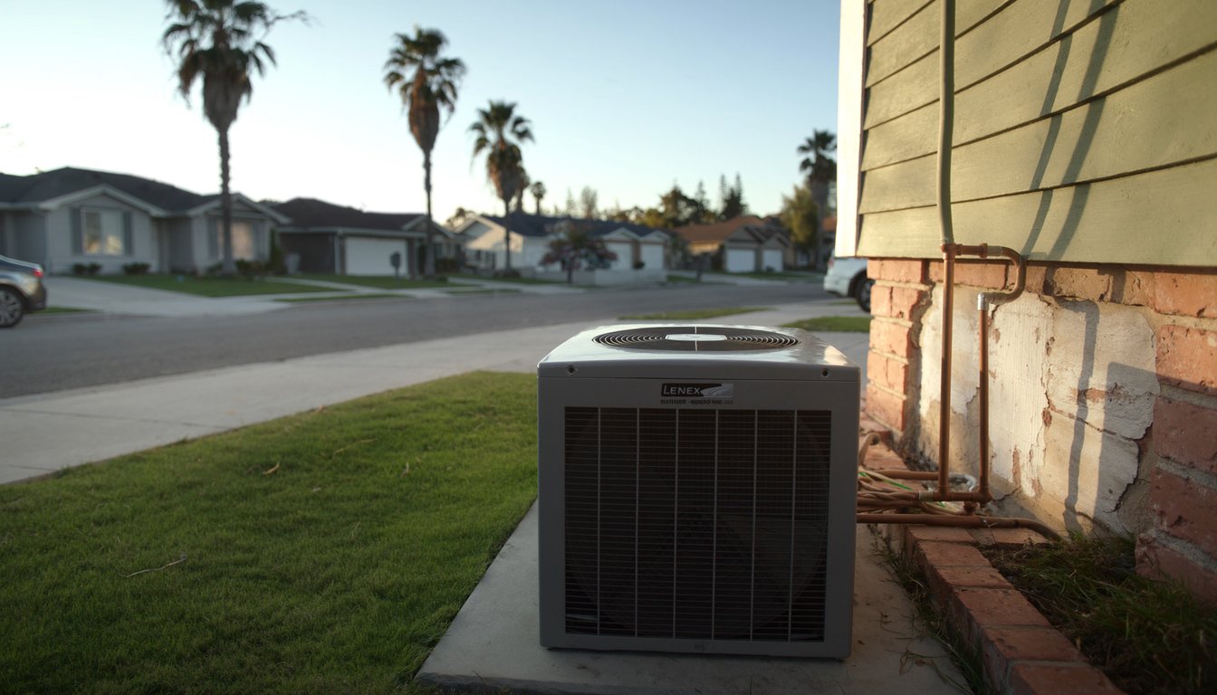 Outdoor variable-speed heat pump unit on a concrete pad next to a residential home in Ontario, California with palm trees and tile-roof neighborhood backdrop