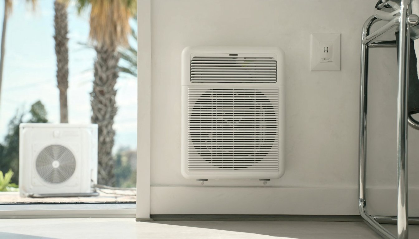 Wall-mounted ductless mini-split indoor head unit in a modern Ontario, California home interior with the outdoor compact compressor unit visible through the window and palm trees beyond