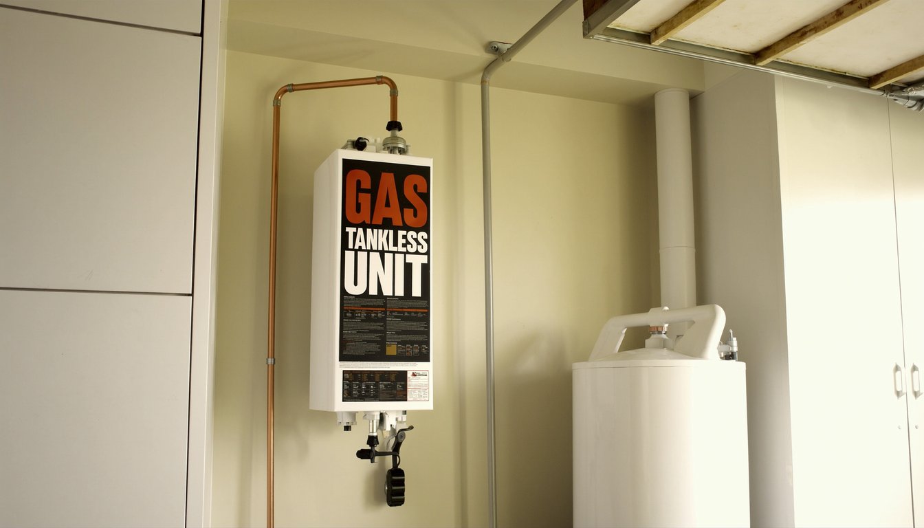 Wall-mounted gas tankless water heater next to a traditional tank water heater in an Ontario, California residential garage with copper gas line and PVC venting visible