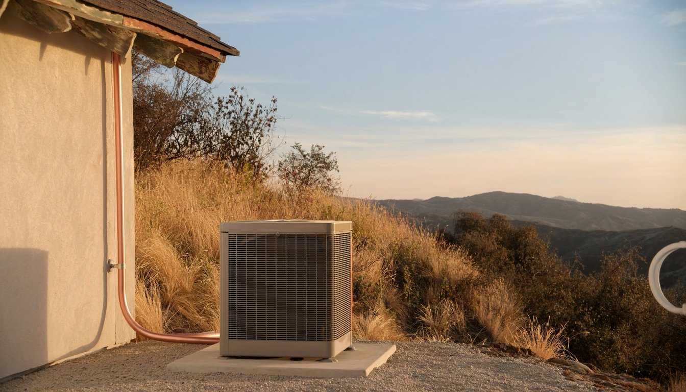 Newly installed outdoor AC condenser on a concrete pad next to a Rancho Cucamonga, California master-planned home with - JC Energy Solutions