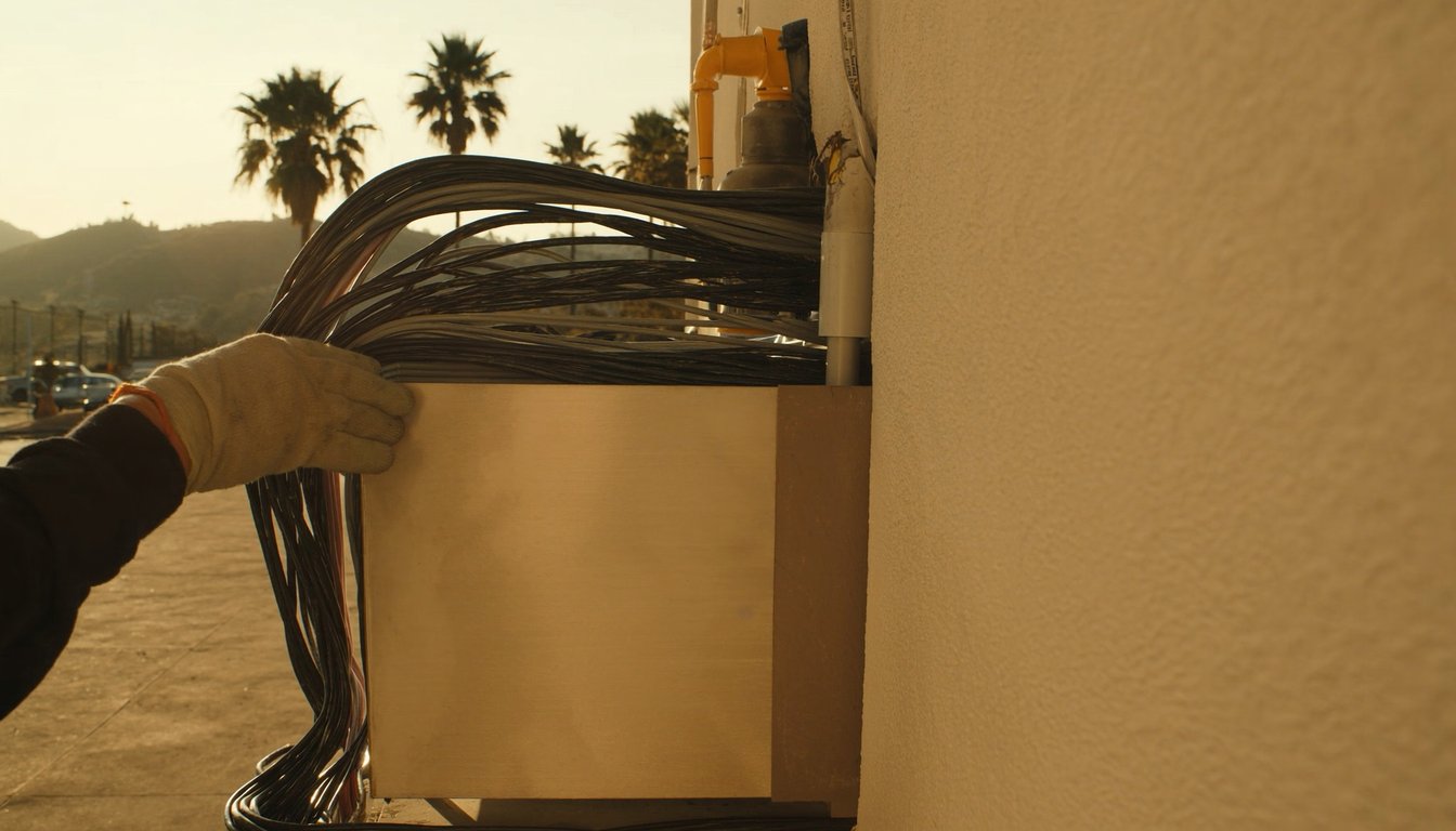 Outdoor AC condenser at the side of a master-planned home in Rancho Cucamonga, California with palm trees and San Gabriel - JC Energy Solutions