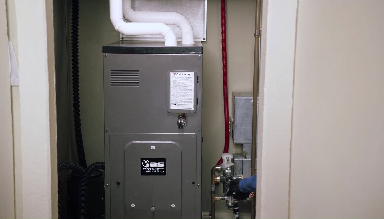 Newly installed 95 percent AFUE high-efficiency gas furnace inside a Rancho Cucamonga, California home utility closet with - JC Energy Solutions