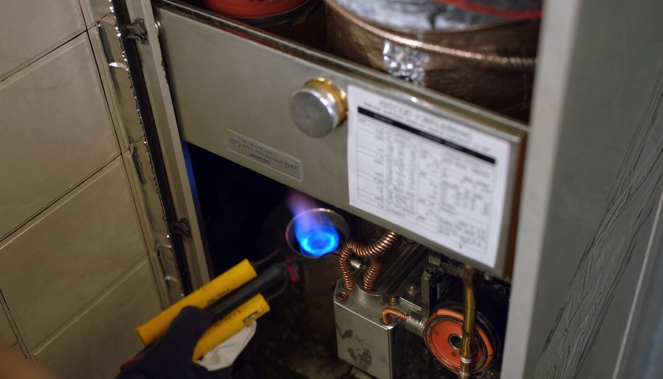 Open gas furnace cabinet showing blue burner flame in a Rancho Cucamonga, California home utility closet with a gloved - JC Energy Solutions