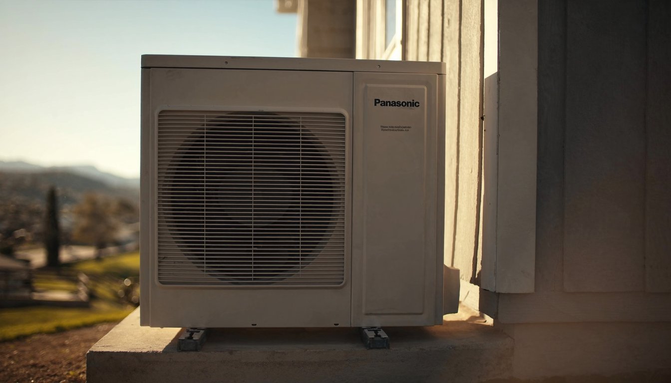 Outdoor variable-speed heat pump unit on a concrete pad next to a Rancho Cucamonga, California master-planned home with San Gabriel foothills backdrop