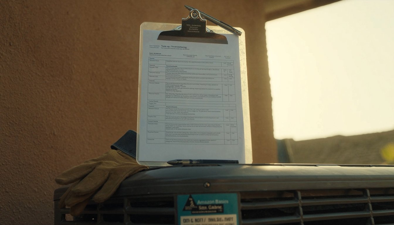 HVAC service clipboard with tune-up checklist resting on an outdoor AC condenser at a Rancho Cucamonga, California home - JC Energy Solutions