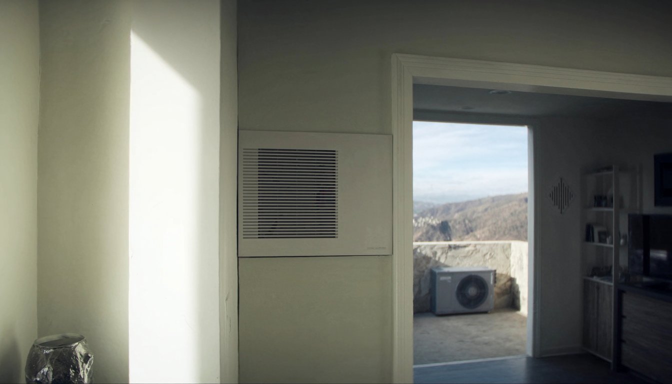 Wall-mounted ductless mini-split indoor head unit in a modern Rancho Cucamonga, California home interior with outdoor - JC Energy Solutions