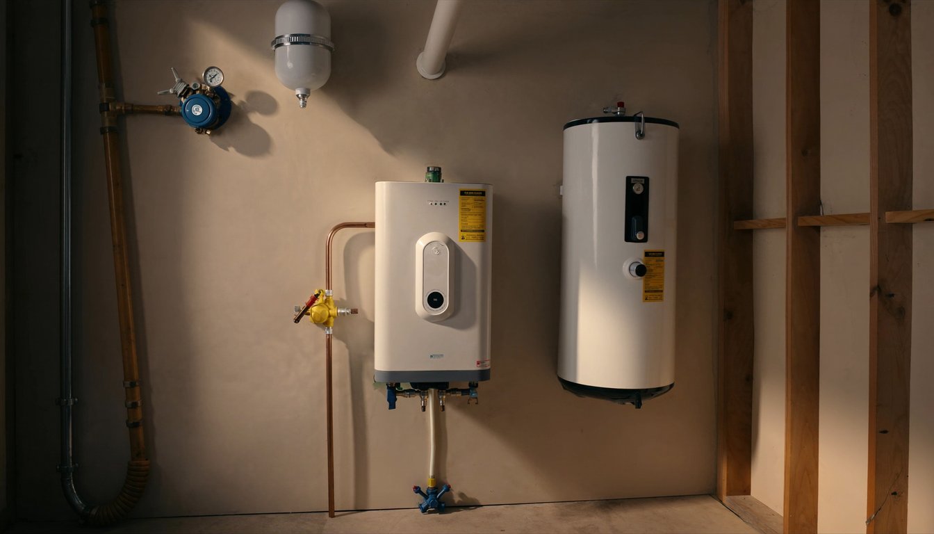 Wall-mounted gas tankless water heater next to a traditional tank water heater in a Rancho Cucamonga, California - JC Energy Solutions