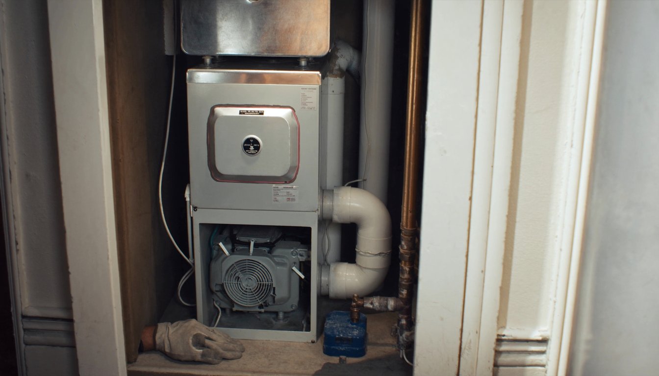 Newly installed 95 percent AFUE high-efficiency gas furnace inside a Redlands, California historic home utility closet - JC Energy Solutions