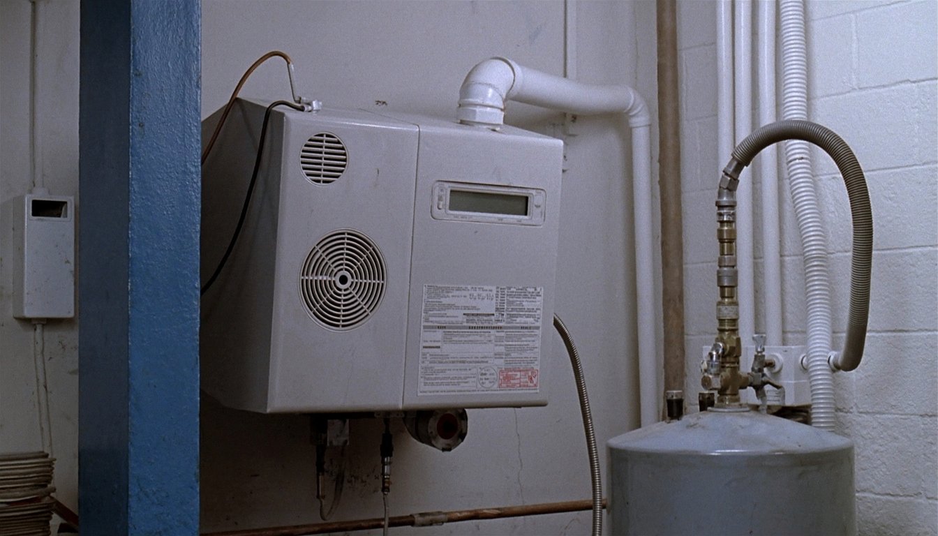 Wall-mounted gas tankless water heater next to a traditional tank water heater in a Redlands, California residential - JC Energy Solutions