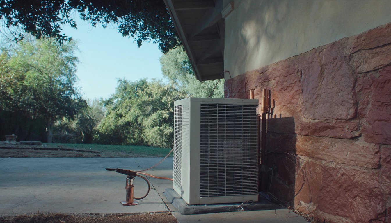 Newly installed outdoor AC condenser on a concrete pad next to a historic Redlands, California home with fresh copper refrigerant line and mature oak canopy in the background