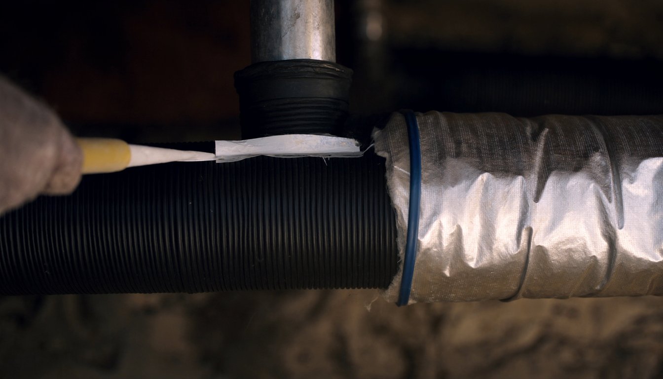 Insulated flexible HVAC ductwork in a Redlands, California residential attic with a gloved technician hand applying mastic at a connection and R-8 silver insulation visible