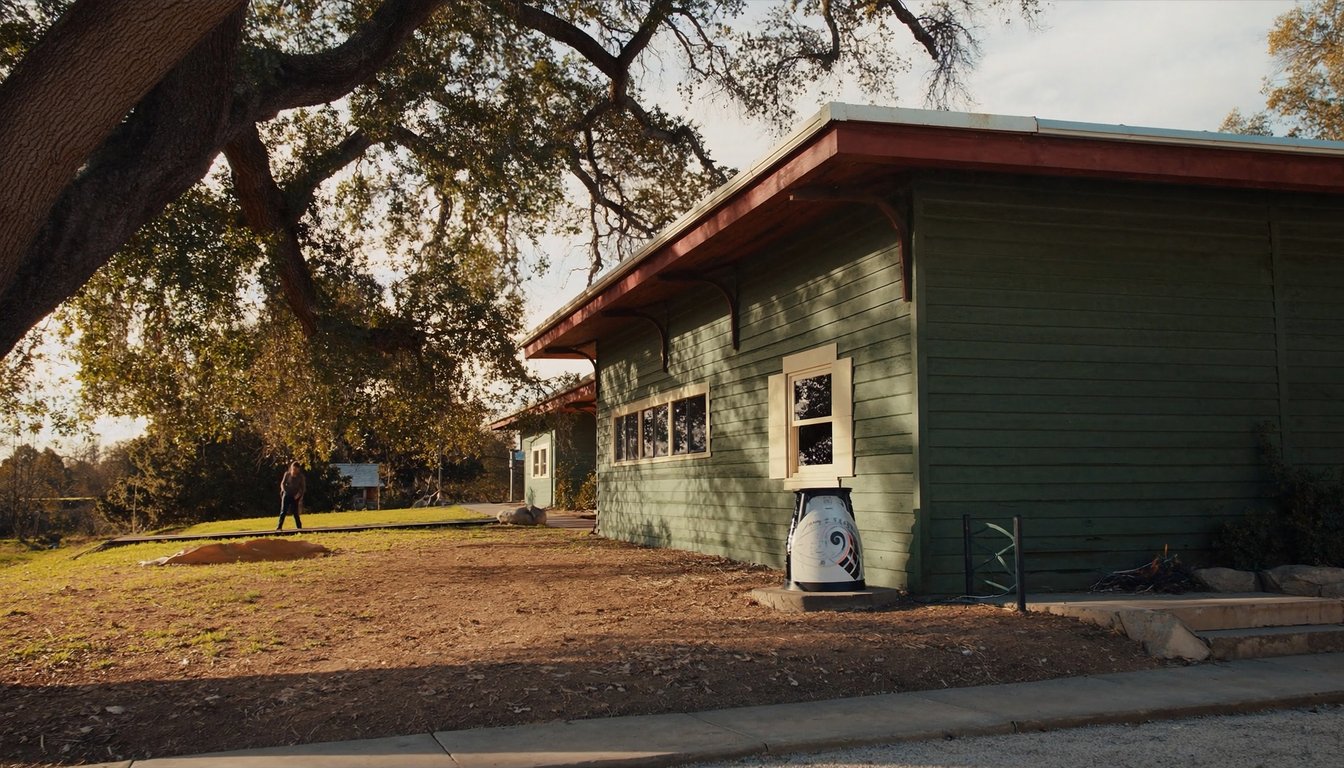 Outdoor variable-speed heat pump unit on a concrete pad next to a historic Craftsman home in Redlands, California with mature canopy oak trees in the background