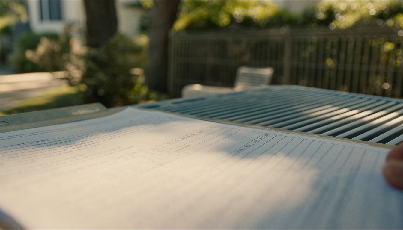 HVAC service clipboard with tune-up checklist resting on an outdoor AC condenser at a Redlands, California home under mature oak canopy with dappled afternoon sunlight