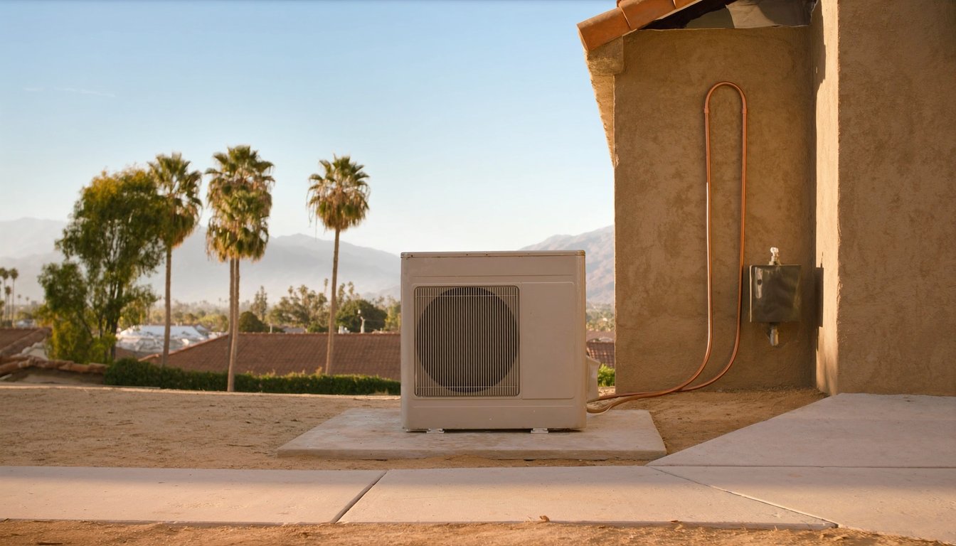 Newly installed outdoor AC condenser on a concrete pad next to a residential home in Rialto, California with fresh copper - JC Energy Solutions