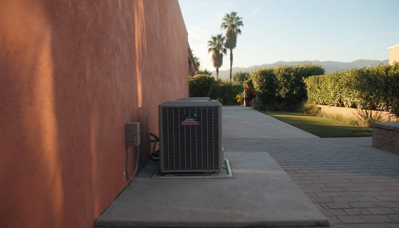 Outdoor variable-speed heat pump unit on a concrete pad next to a residential home in Rialto, California with palm trees - JC Energy Solutions