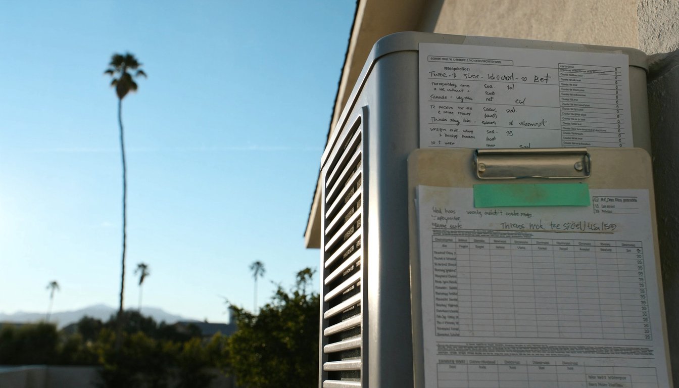 HVAC service clipboard with tune-up checklist resting on an outdoor AC condenser at a Rialto, California home with palm - JC Energy Solutions