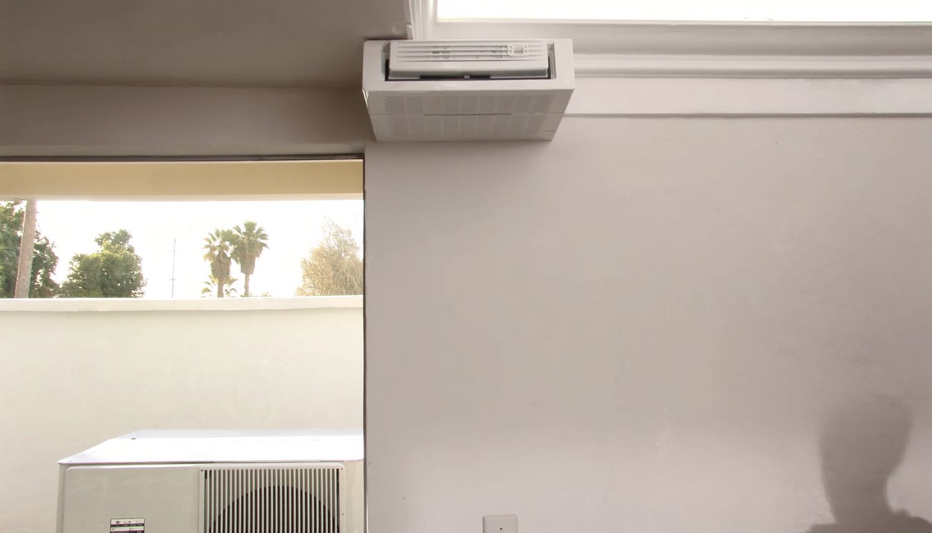 Wall-mounted ductless mini-split indoor head unit in a modern Rialto, California home interior with outdoor compact - JC Energy Solutions