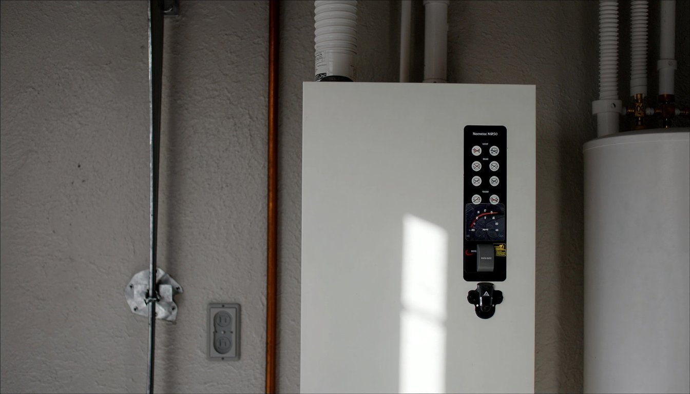 Wall-mounted gas tankless water heater next to a traditional tank water heater in a Rialto, California residential garage - JC Energy Solutions