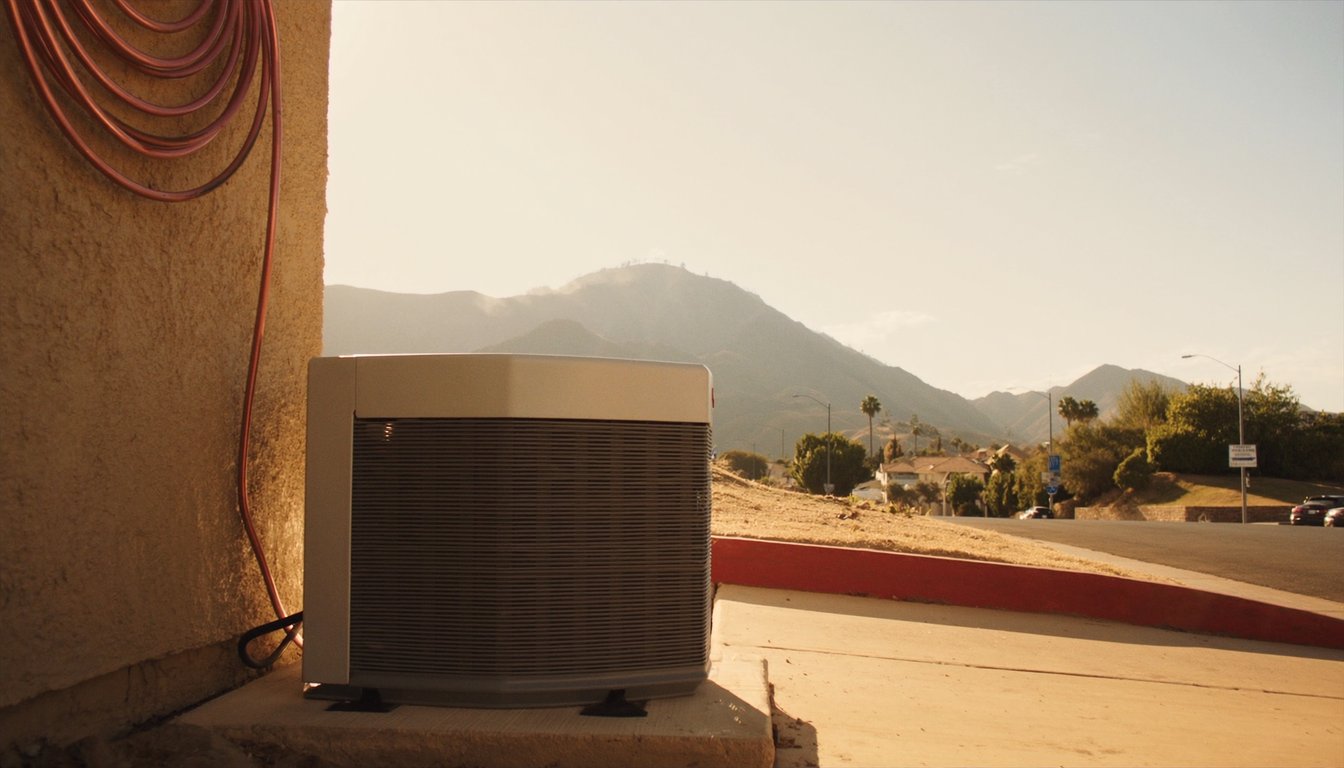 Newly installed outdoor AC condenser on a concrete pad next to a residential home in Riverside, California with fresh - JC Energy Solutions