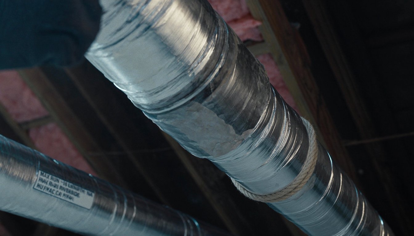 Insulated flexible HVAC ductwork in a Riverside, California residential attic with a gloved technician hand applying - JC Energy Solutions