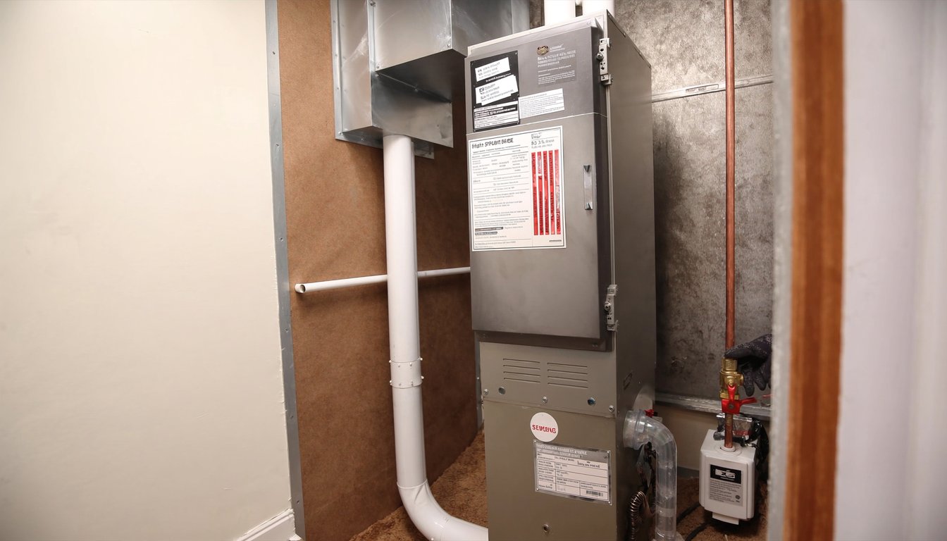 Newly installed 95 percent AFUE high-efficiency gas furnace inside a Riverside, California home utility closet with white - JC Energy Solutions