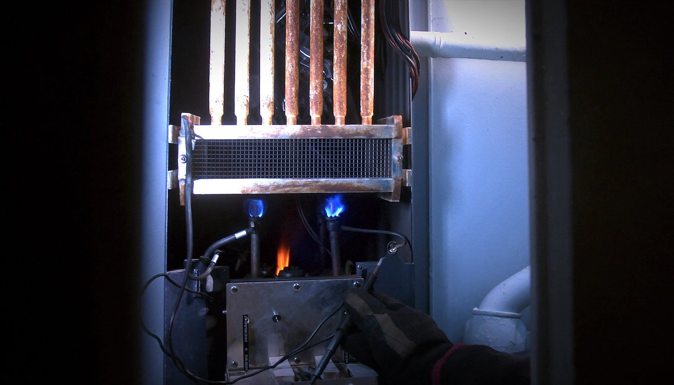 Open gas furnace cabinet showing blue burner flame in a Riverside, California home utility closet with a gloved technician - JC Energy Solutions
