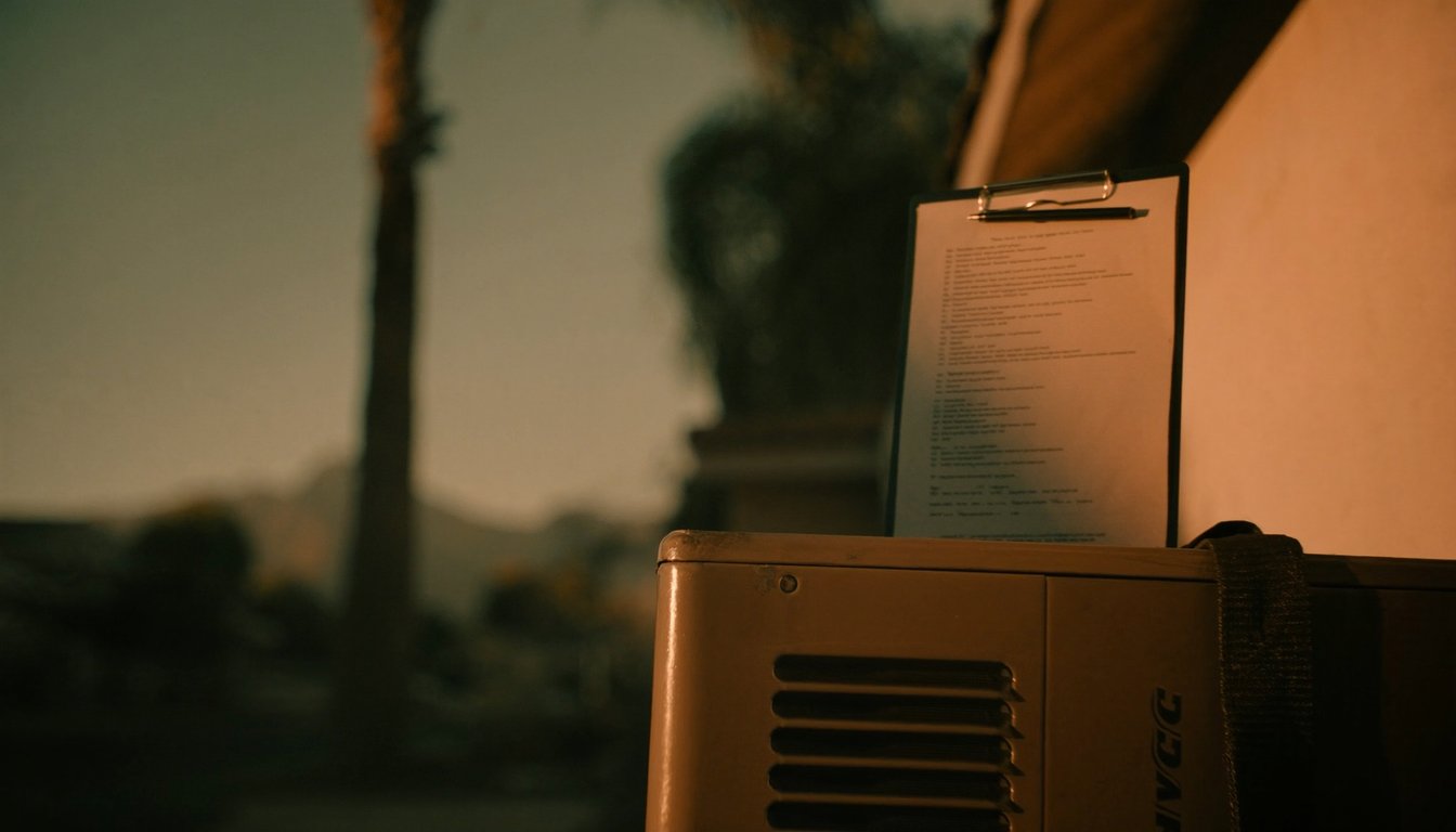 HVAC service clipboard with tune-up checklist resting on an outdoor AC condenser at a Riverside, California home with palm - JC Energy Solutions