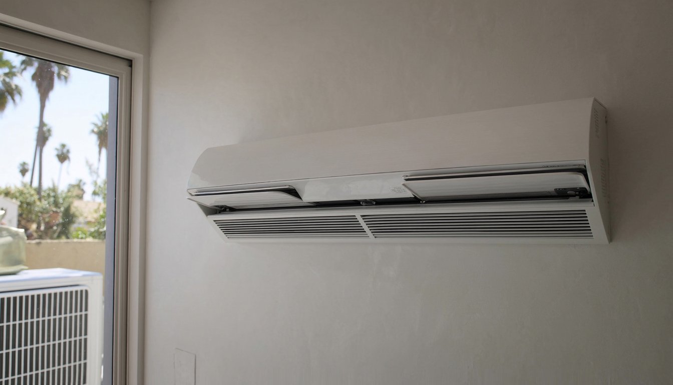 Wall-mounted ductless mini-split indoor head unit in a modern Riverside, California home interior with outdoor compact - JC Energy Solutions