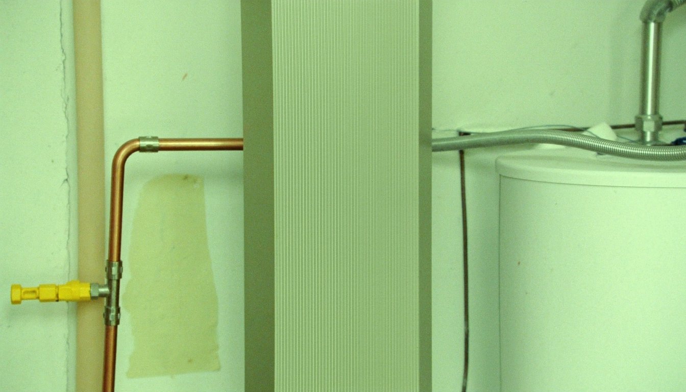 Wall-mounted gas tankless water heater next to a traditional tank water heater in a Riverside, California residential - JC Energy Solutions