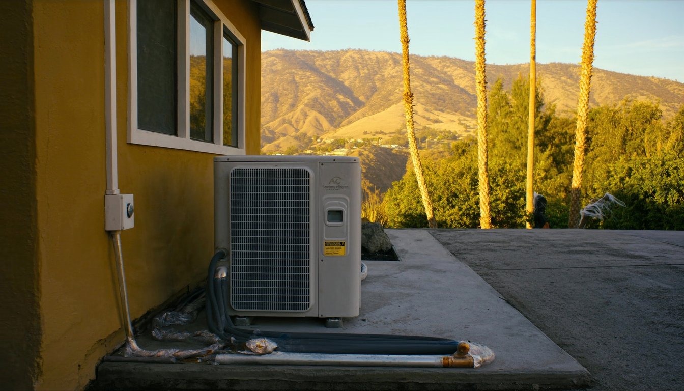 Newly installed outdoor AC condenser on a concrete pad next to a residential home in San Bernardino, California with fresh - JC Energy Solutions