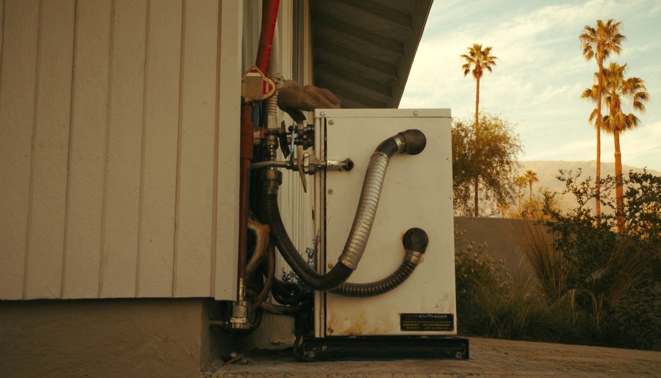 Outdoor AC condenser at the side of a mid-century residential home in San Bernardino, California with palm trees and San - JC Energy Solutions