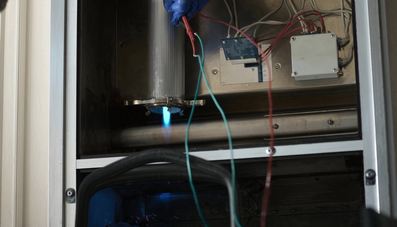 Open gas furnace cabinet showing blue burner flame in a San Bernardino, California home utility closet with a gloved - JC Energy Solutions