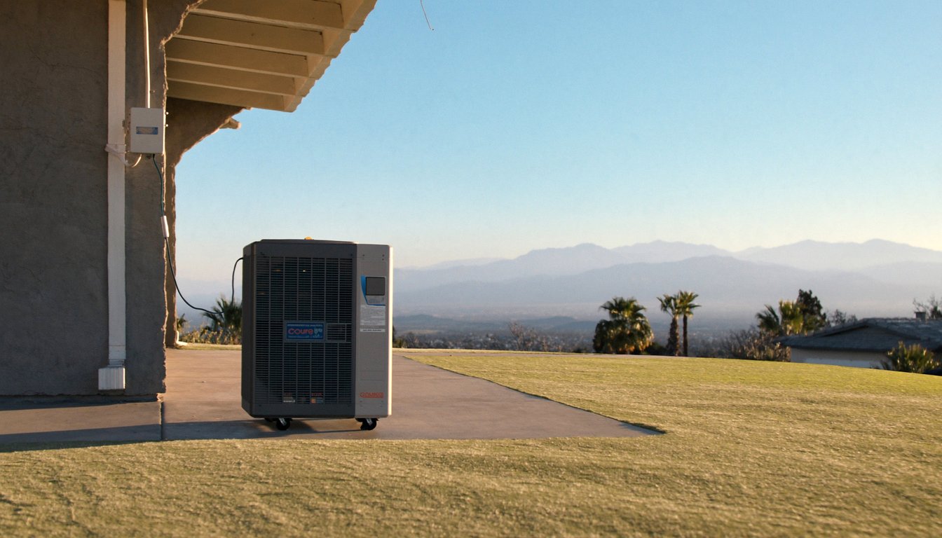 Outdoor variable-speed heat pump unit on a concrete pad next to a residential home in San Bernardino, California with palm - JC Energy Solutions