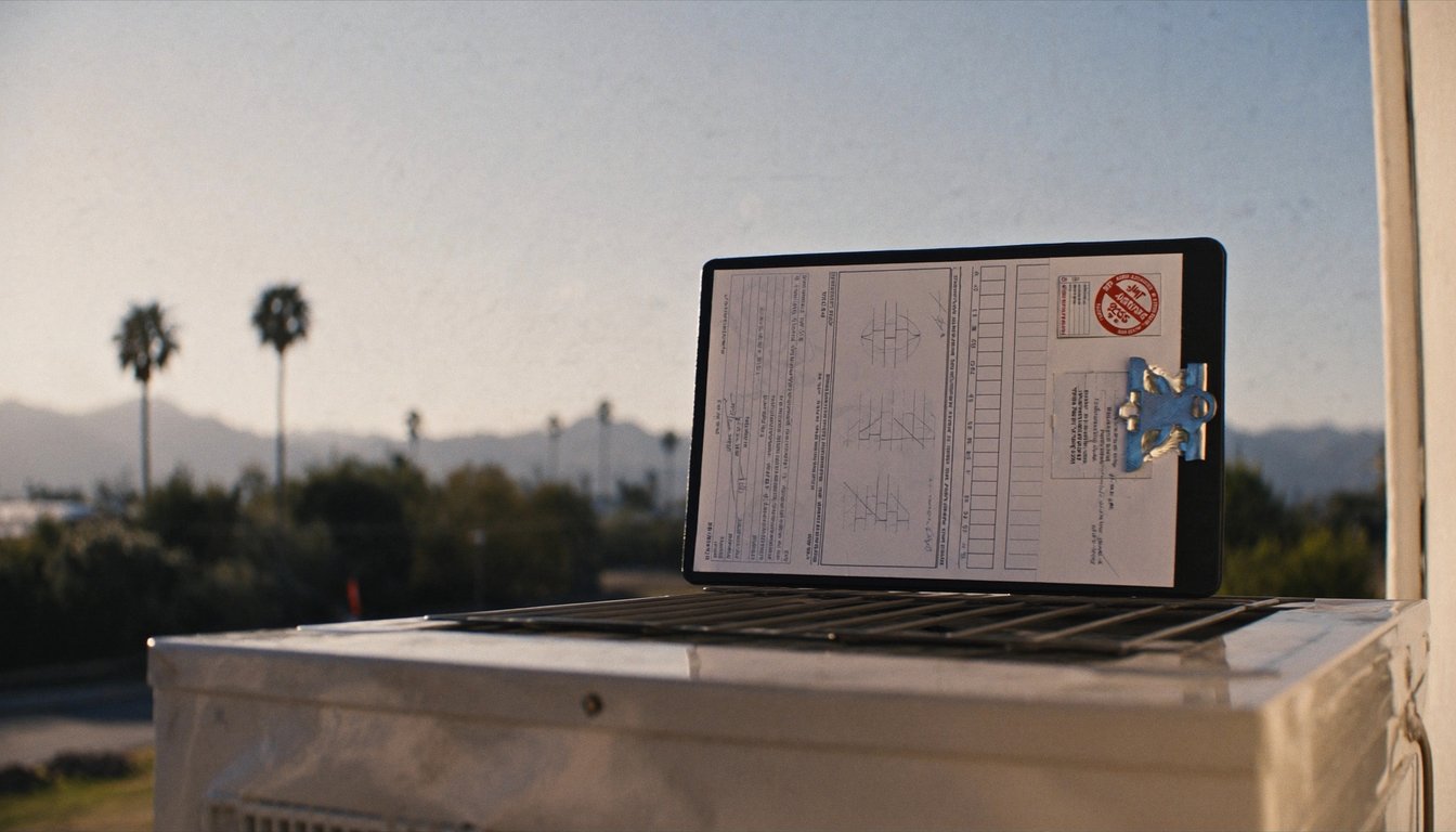HVAC service clipboard with tune-up checklist resting on an outdoor AC condenser at a San Bernardino, California home with - JC Energy Solutions