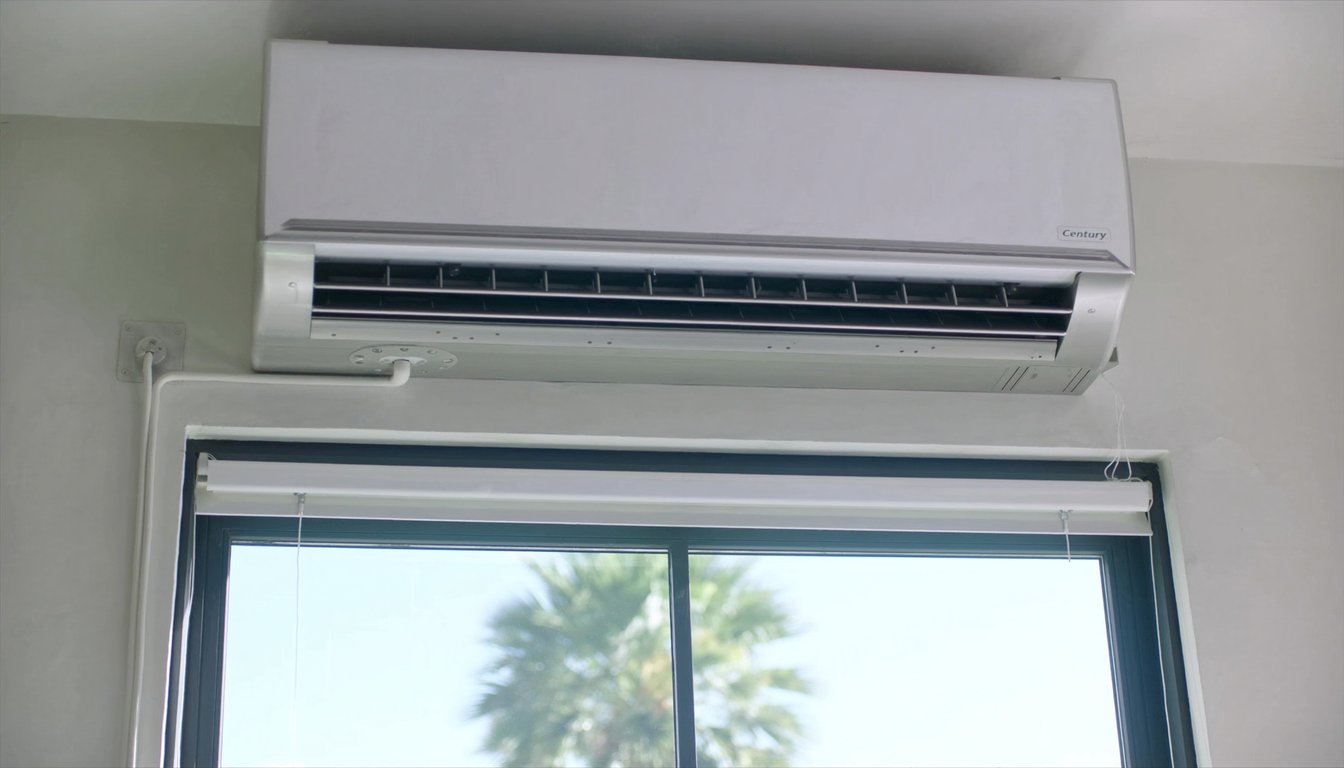 Wall-mounted ductless mini-split indoor head unit in a modern San Bernardino, California home interior with outdoor - JC Energy Solutions
