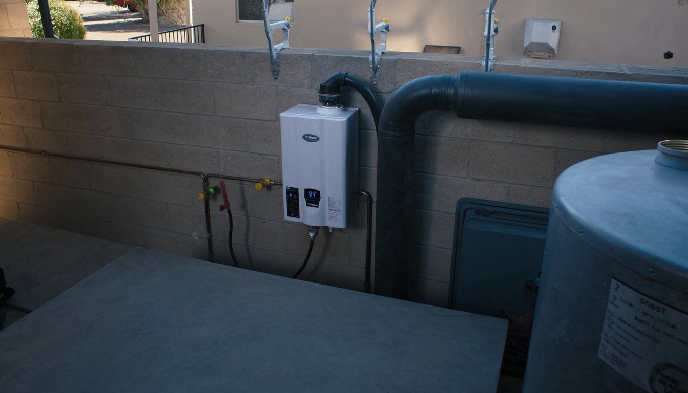 Wall-mounted gas tankless water heater next to a traditional tank water heater in a San Bernardino, California residential - JC Energy Solutions