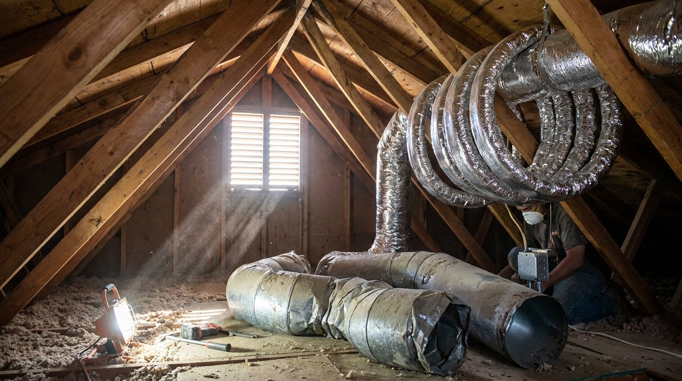 New sealed flexible HVAC ductwork installed in a residential attic