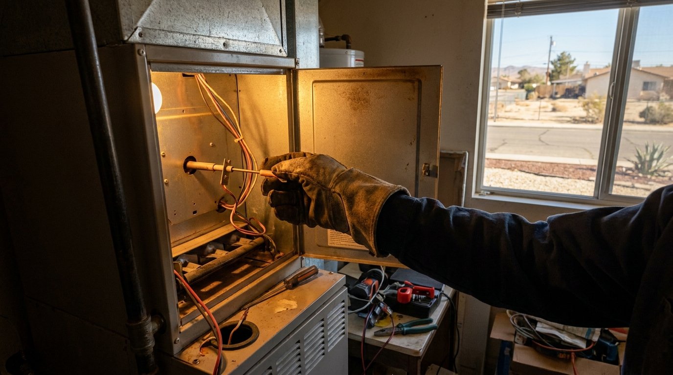 JC Energy Solutions technician inspecting a residential gas furnace gas valve