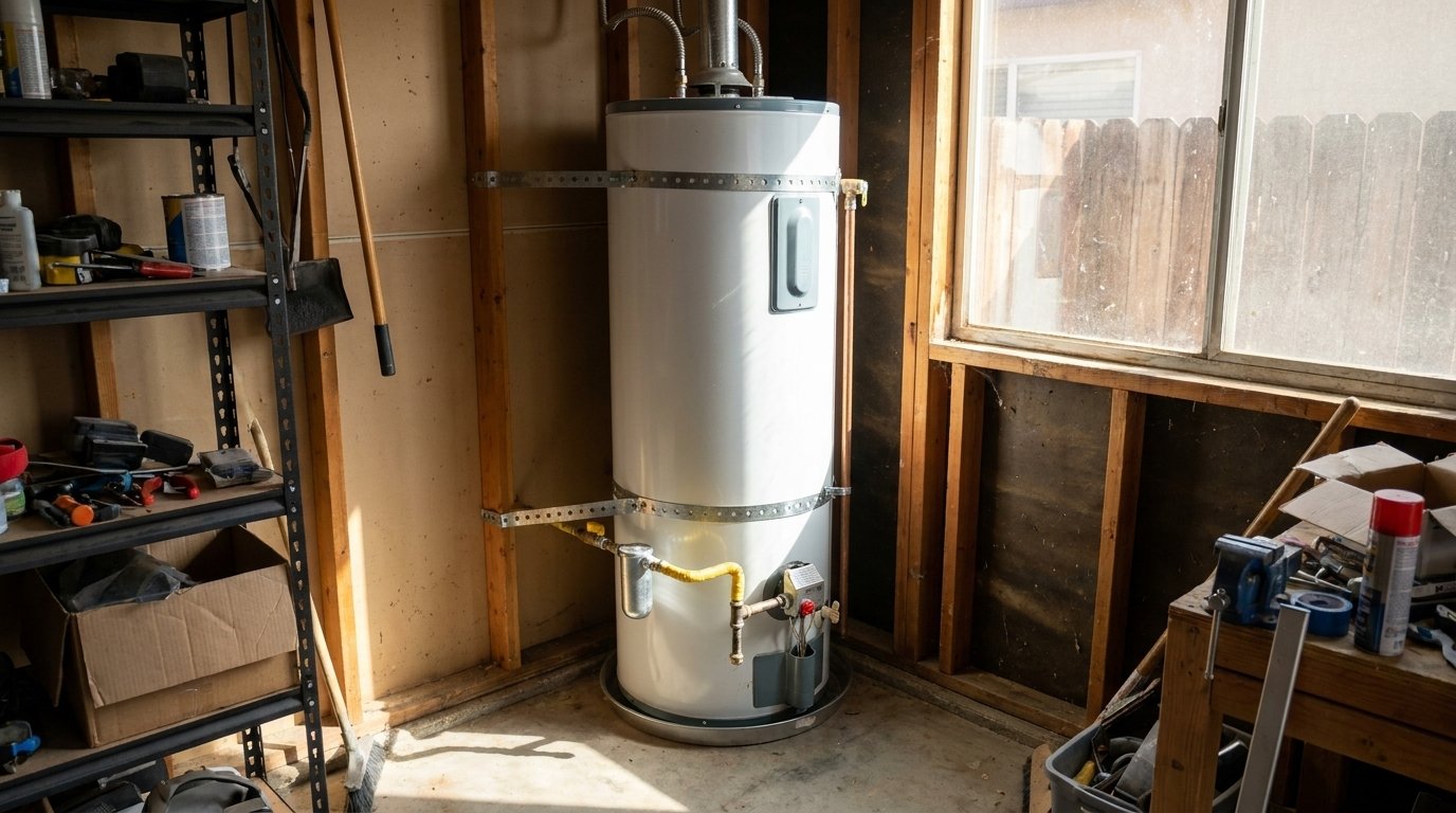 Tankless gas water heater professionally installed on a garage wall