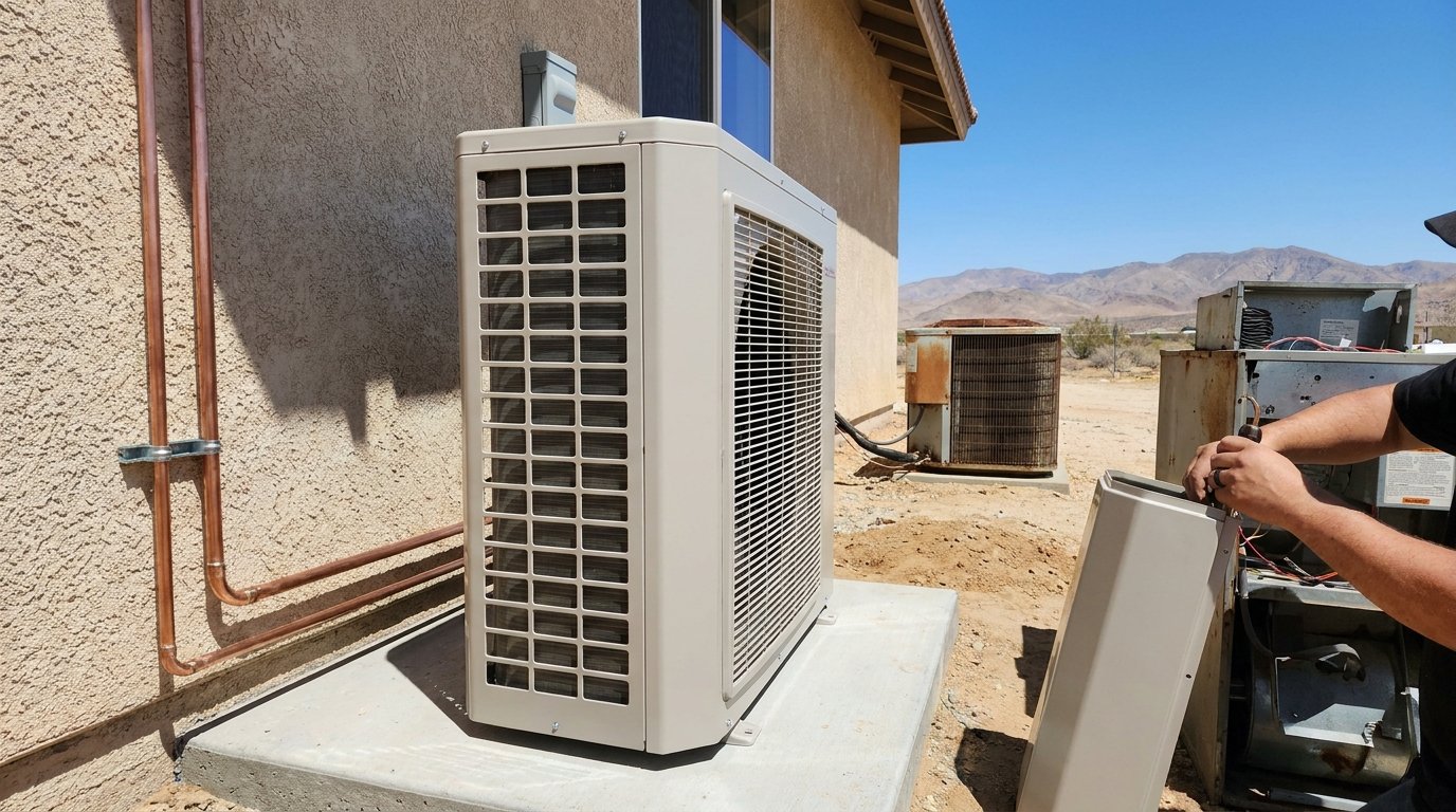 Modern outdoor air-source heat pump installed at a High Desert home