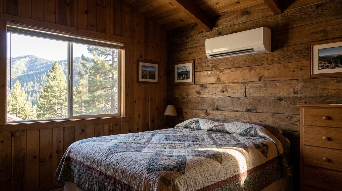 Wall-mount ductless mini-split indoor head unit installed in a modern living room