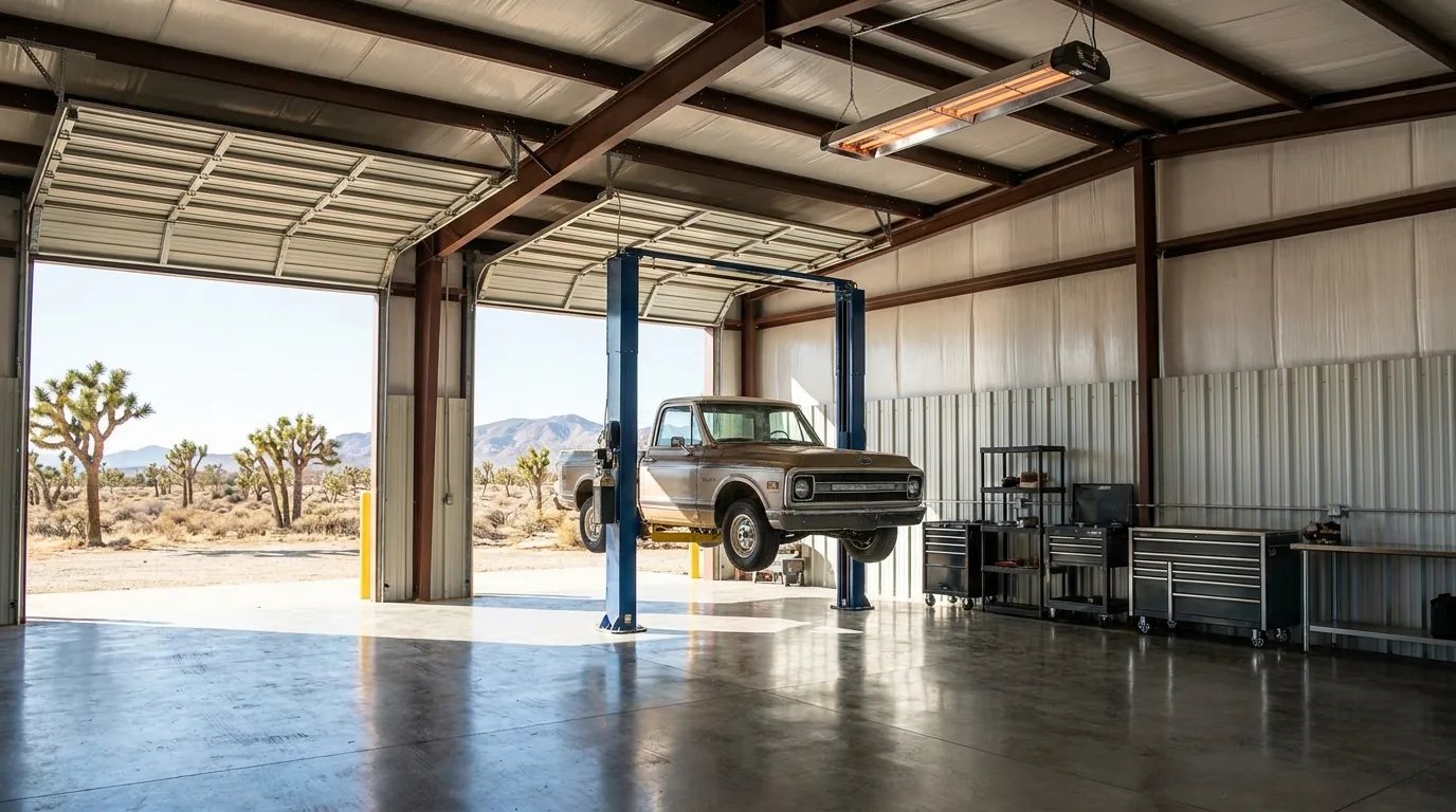 Auto repair shop HVAC service in the High Desert: bay tube heaters + compressor room cooling
