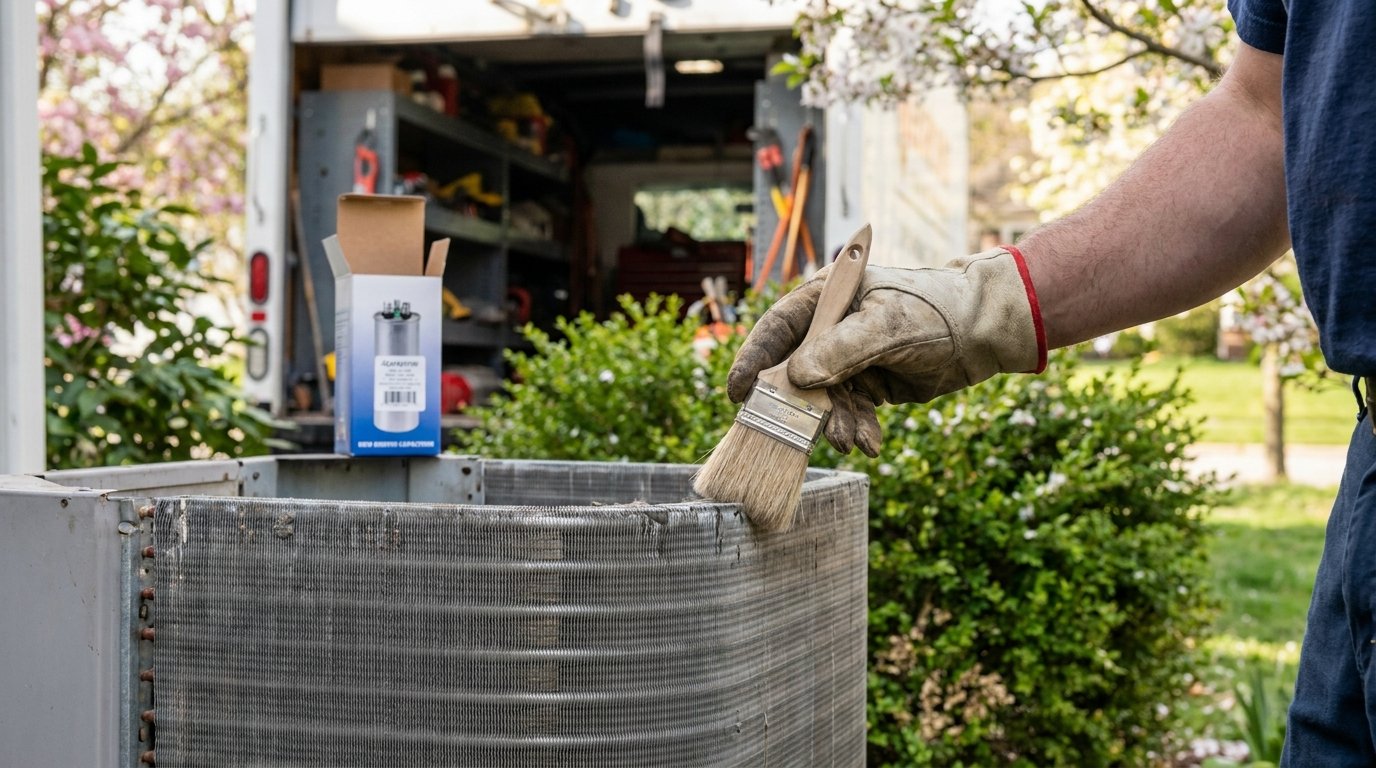 AC tune-up pricing in the High Desert: technician inspecting outdoor unit