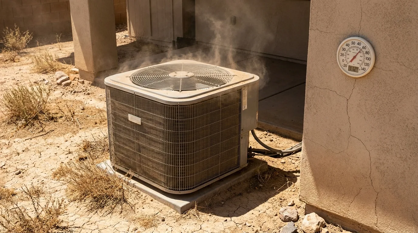 Outdoor AC condenser running during a High Desert heatwave with rooftop sun exposure