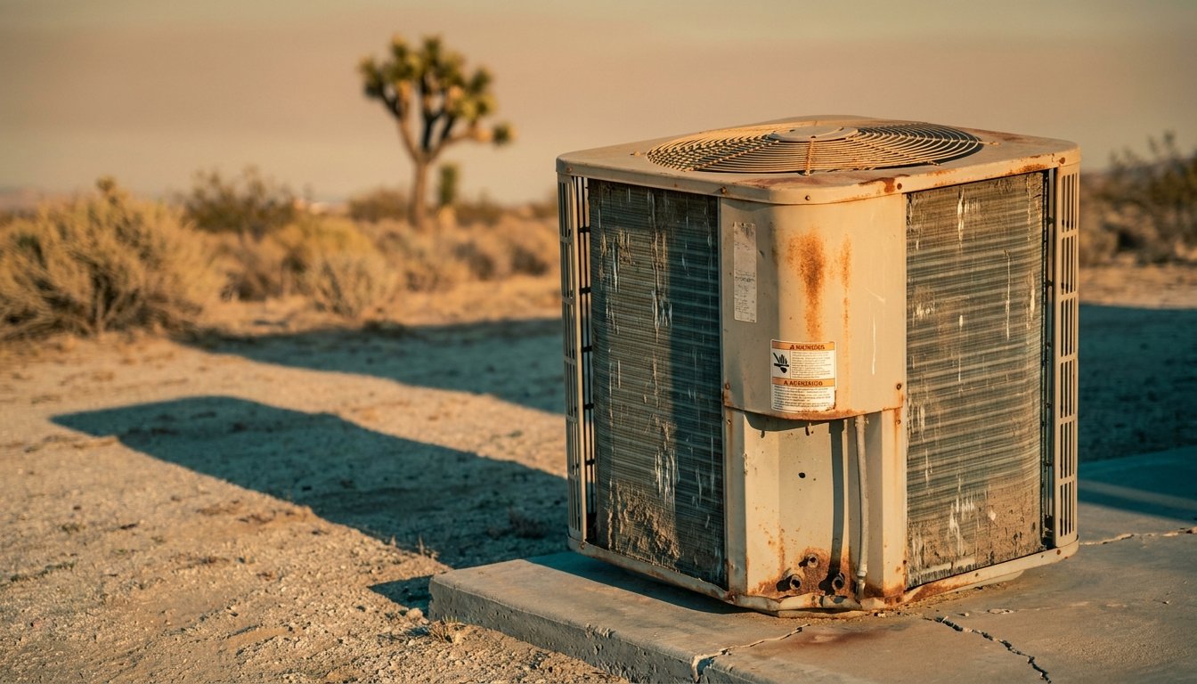 Aging, sun-faded residential HVAC condenser on a cracked concrete pad in a High Desert backyard, ready for trade-in