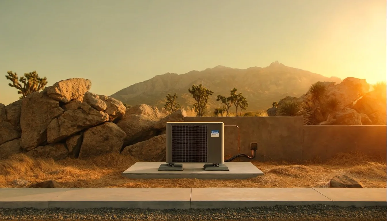 AC condenser installed at a High Desert home - Joshua trees and San Bernardino mountains in the background